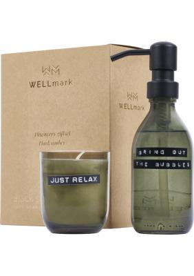 Wellmark Discovery 200 ml hand soap dispenser and 150 g scented candle set - dark amber fragrance