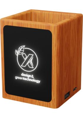 SCX.design O12 wooden light-up logo pencil holder with dual USB output